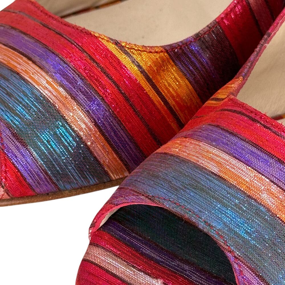 Beatrix Ong Satin Striped Wedge Heel Women's SZ 39 Rainbow Art Luxury Whimsy Fun - Picture 10 of 13